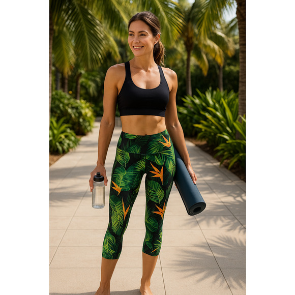 Onzie Womens M/L Tropical Floral Cropped Leggings Yoga Activewear Bird of Paradi - Picture 1 of 12